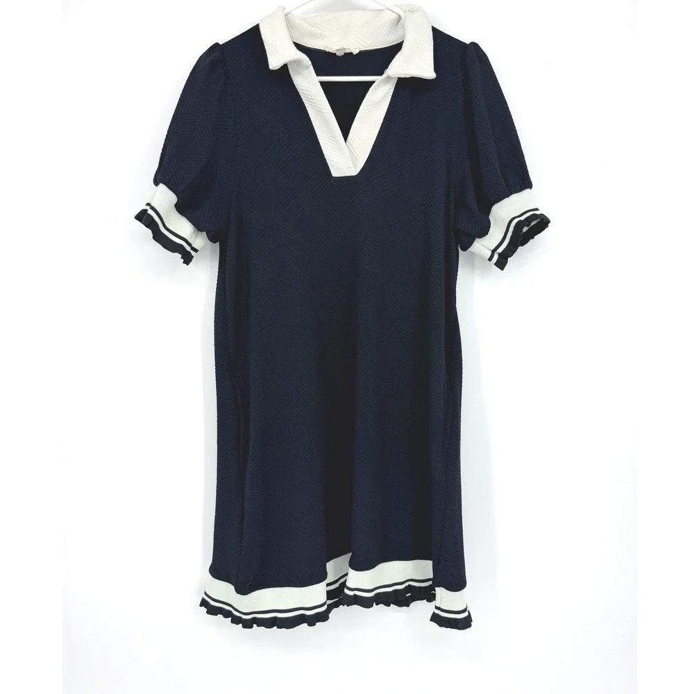 Entro Womens Maternity Dress Black White Textured Knit Short Sleeve V-Neck Small